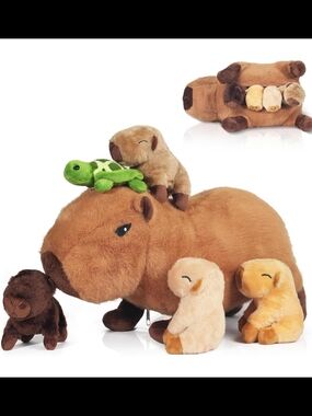 5-Pc Set Stuffed Capybara Plush Stuffed Animal Mama w/Turtle & 4 Babies NEW